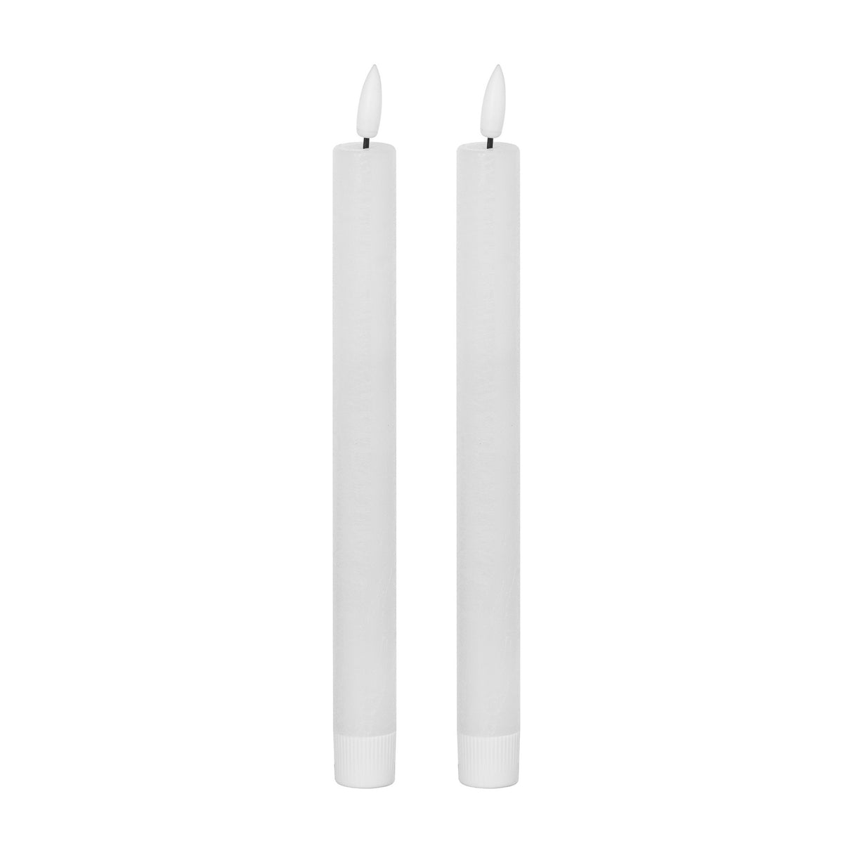 Hill Interiors Natural Glow LED dinner candles set of 2 in beige plastic with slim tapered form and flickering flame tips on a white background.