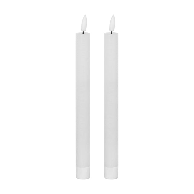 Hill Interiors Natural Glow LED dinner candles set of 2 in beige plastic with slim tapered form and flickering flame tips on a white background.