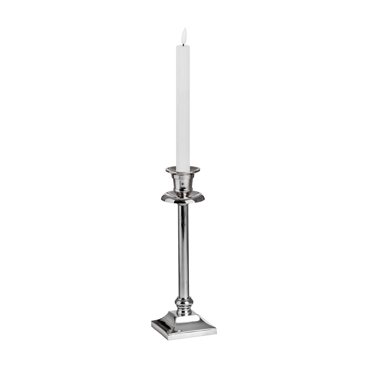 Hill Interiors Natural Glow LED dinner candle in beige plastic, shown lit in a tall silver candlestick with square base on a white background.