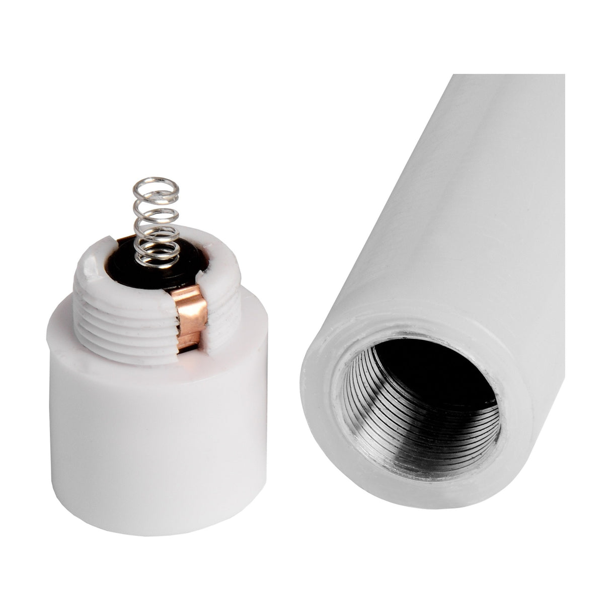 Close-up of Hill Interiors Natural Glow LED dinner candle showing the beige plastic base unscrewed to reveal the internal spring contact and threaded socket.