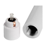 Close-up of Hill Interiors Natural Glow LED dinner candle showing the beige plastic base unscrewed to reveal the internal spring contact and threaded socket.