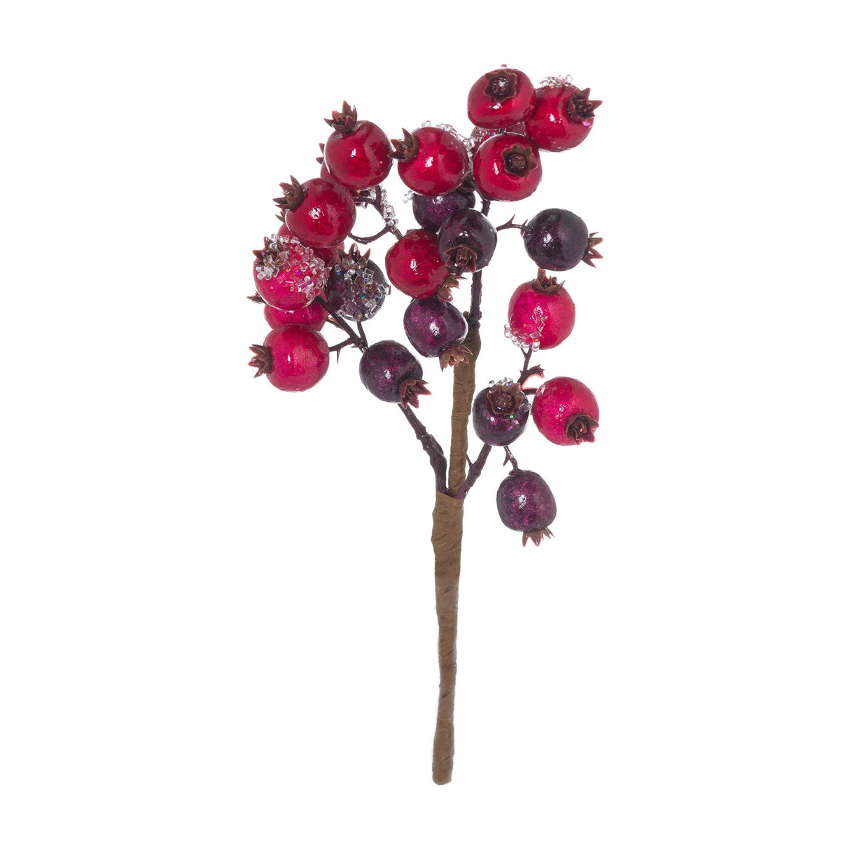 Hill Interiors Fat Red Berry Faux Stem Pick with clustered glossy red and deep burgundy plastic berries on a wrapped stem, on a white background.