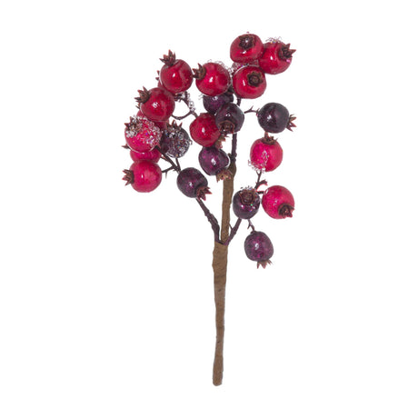 Hill Interiors Fat Red Berry Faux Stem Pick with clustered glossy red and deep burgundy plastic berries on a wrapped stem, on a white background.