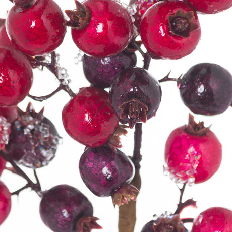 Close-up of Hill Interiors Fat Red Berry Faux Stem Pick showing glossy red and deep burgundy plastic berries with glitter accents along dark stems.