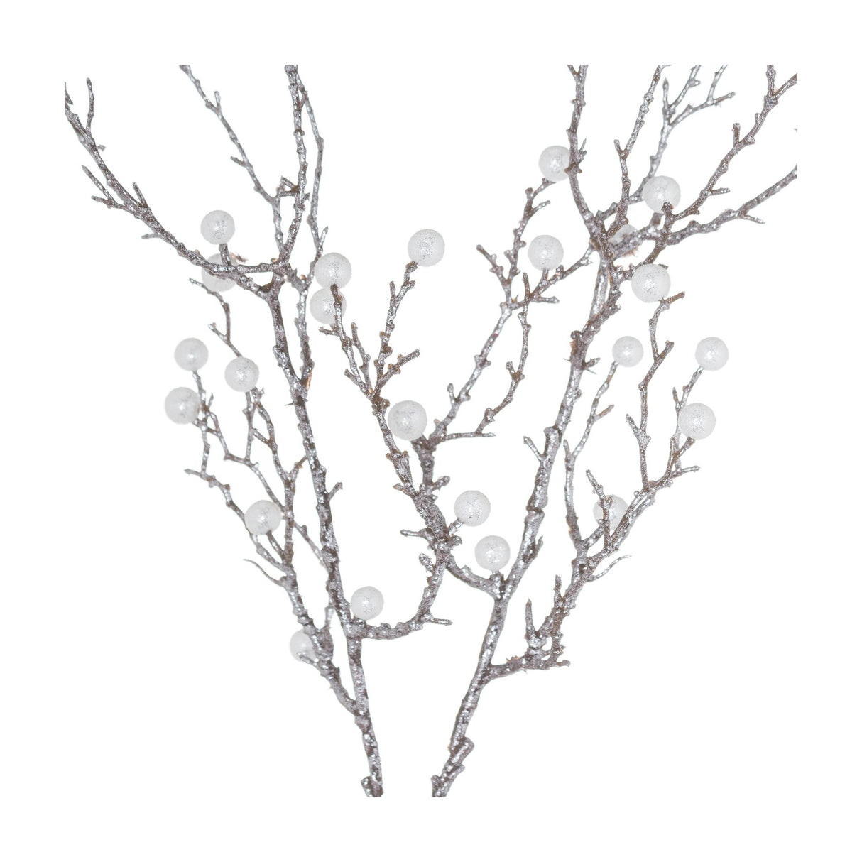 Hill Interiors Festive Pearl Decorative Spray with slender silver glittered branches dotted with white pearl-like berries on a plain background.
