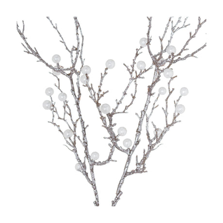 Hill Interiors Festive Pearl Decorative Spray with slender silver glittered branches dotted with white pearl-like berries on a plain background.
