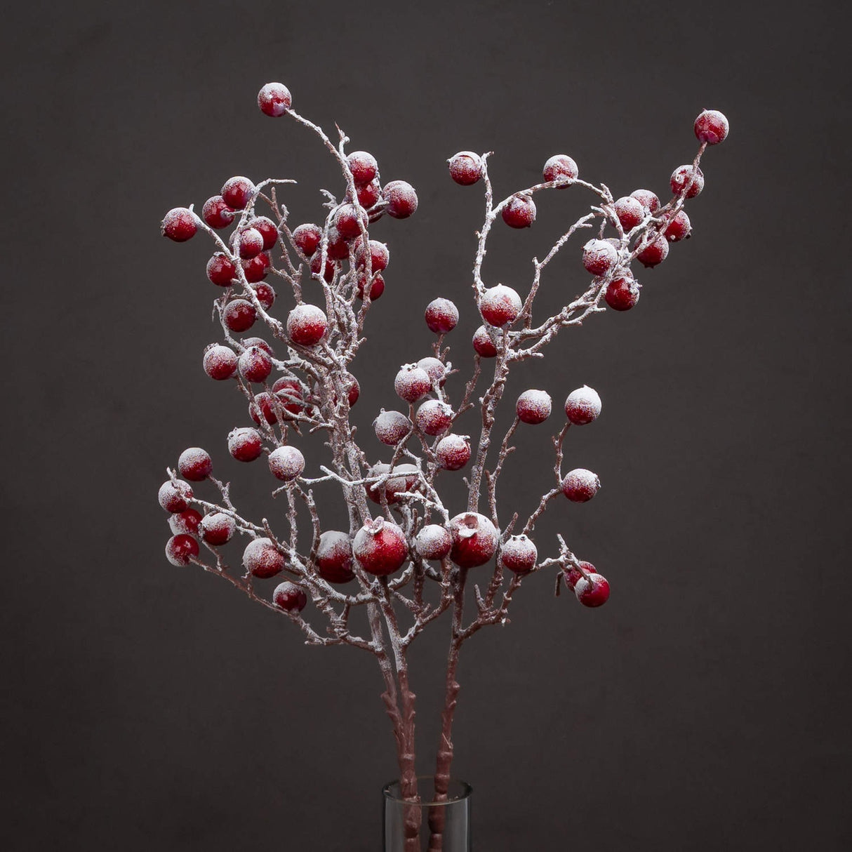 Hill Interiors Large Faux Berry Stems in red with frosted white tips on bendable branches, arranged in a glass vase against a dark grey background.