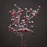 Hill Interiors Large Faux Berry Stems in red with frosted white tips on bendable branches, arranged in a glass vase against a dark grey background.