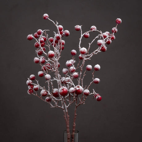 Hill Interiors Large Faux Berry Stems in red with frosted white tips on bendable branches, arranged in a glass vase against a dark grey background.