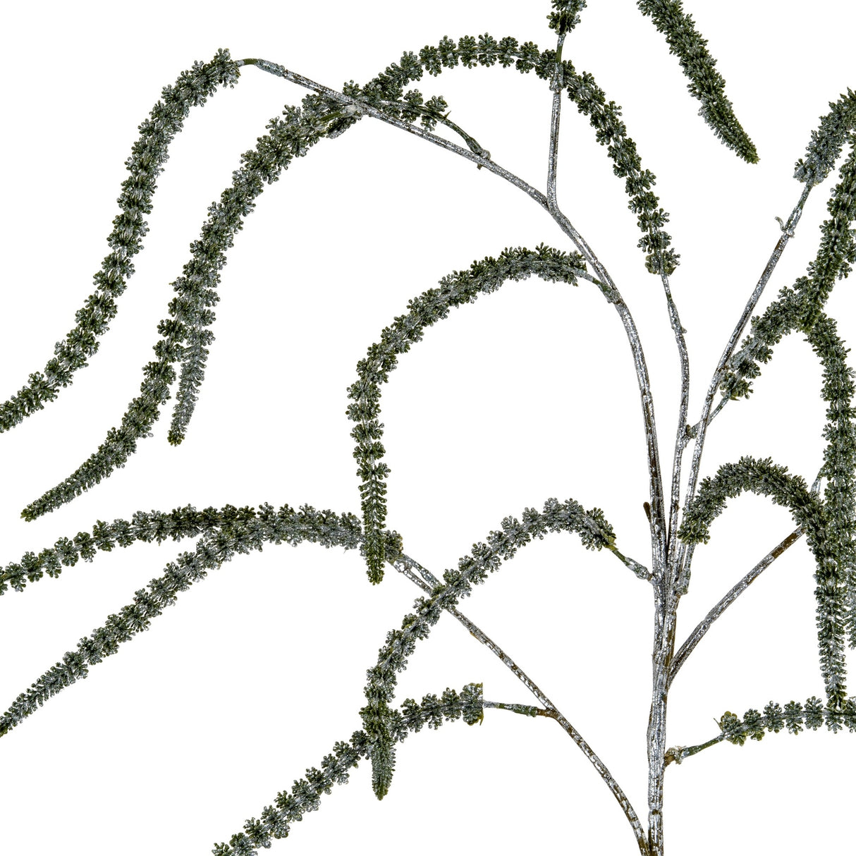 Hill Interiors Festive Amaranthus Trailing Stem in natural green moulded plastic with slender drooping tassels on arching stems, shown on a white background.