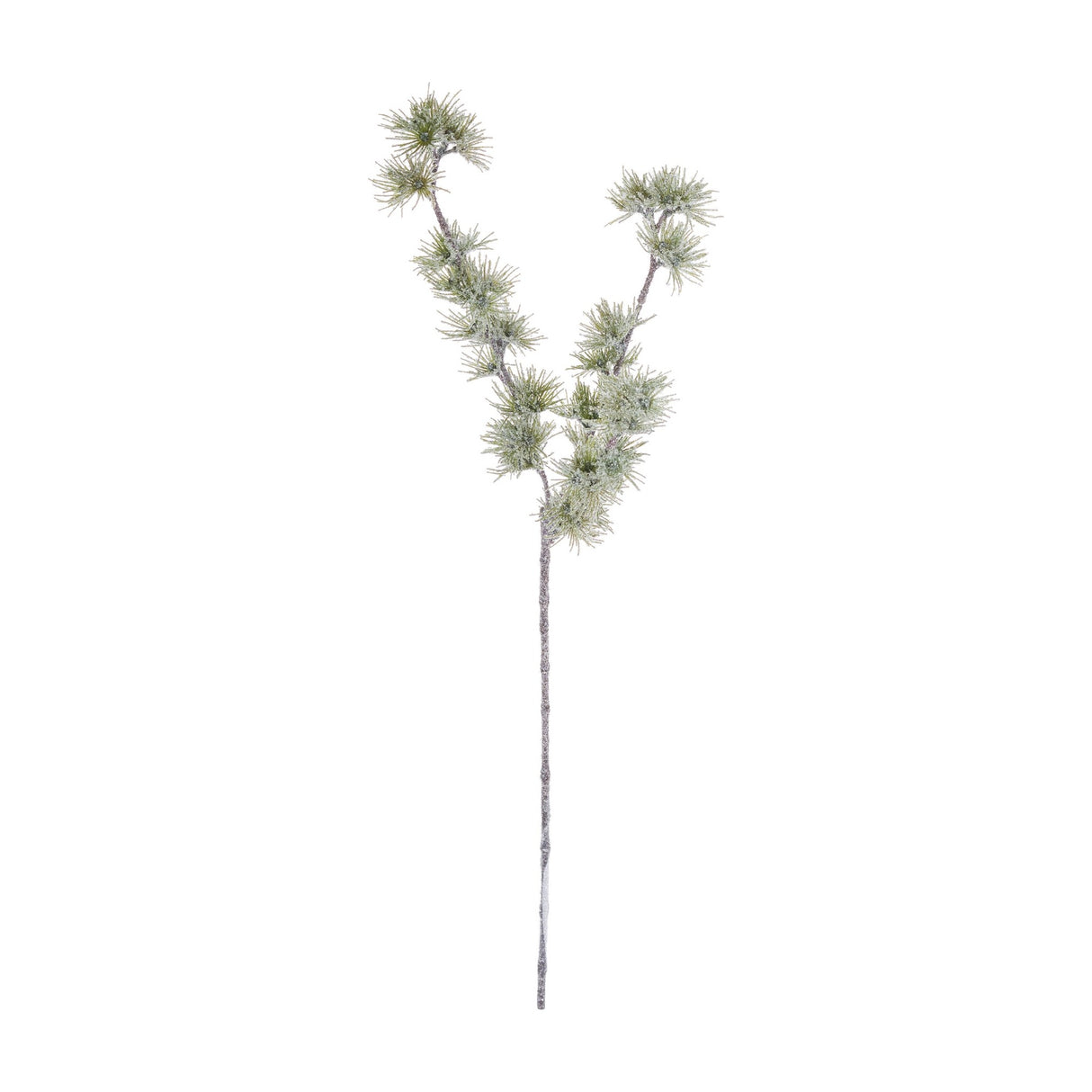 Hill Interiors Festive Snow Branch in white, a tall frosted plastic stem with clustered pine-like tufts, shown against a plain white background.