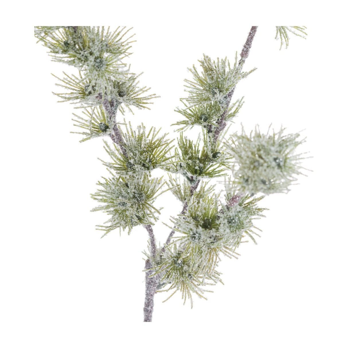 Hill Interiors Festive Snow Branch in white, close-up of frosted spiky plastic tufts along slender stems against a plain white background.