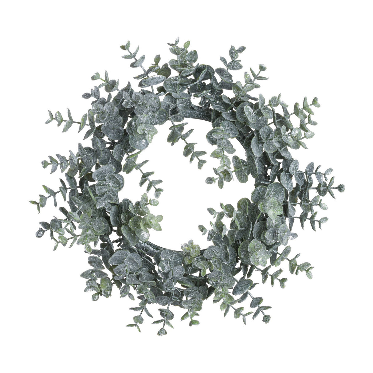Hill Interiors Large Frosted Eucalyptus Candle Wreath in white, a circular ring of layered moulded plastic leaves with a powdery finish, on a white background.