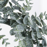 Close-up of Hill Interiors Large Frosted Eucalyptus Candle Wreath in white, showing layered moulded plastic leaves with a powdery frosted finish.
