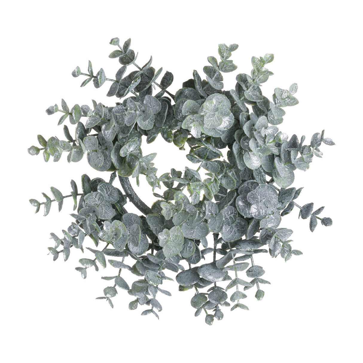 Hill Interiors Medium Frosted Eucalyptus Candle Wreath in white with circular arrangement of faux silvery-green leaves, shown on a plain white background.