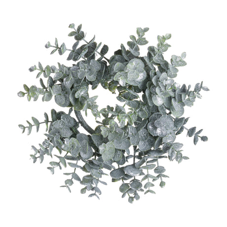 Hill Interiors Medium Frosted Eucalyptus Candle Wreath in white with circular arrangement of faux silvery-green leaves, shown on a plain white background.
