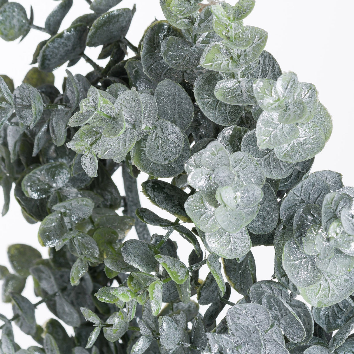 Close-up of the Hill Interiors Medium Frosted Eucalyptus Candle Wreath showing moulded plastic leaves in silvery green with a white frosted finish.