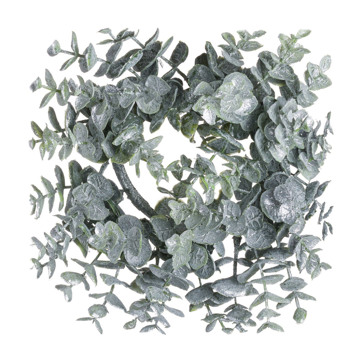 Hill Interiors Small Frosted Eucalyptus Candle Wreath in white, a round faux plastic ring of dusted silvery-green leaves on a plain background.