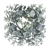 Hill Interiors Small Frosted Eucalyptus Candle Wreath in white, a round faux plastic ring of dusted silvery-green leaves on a plain background.