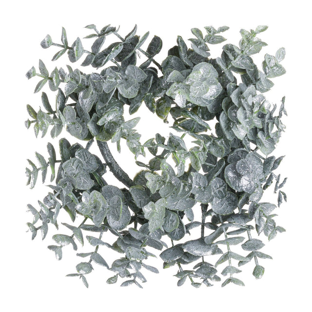Hill Interiors Small Frosted Eucalyptus Candle Wreath in white, a round faux plastic ring of dusted silvery-green leaves on a plain background.