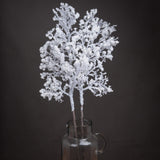 Hill Interiors Snowy Faux Branch 110cm with frosted white moulded plastic twigs displayed upright in a clear glass jug against a dark background.