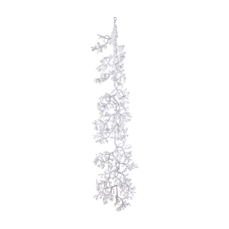 Hill Interiors Snowy Faux Garland, a long plastic evergreen sprig garland with frosted white tips, hanging vertically against a plain white background.