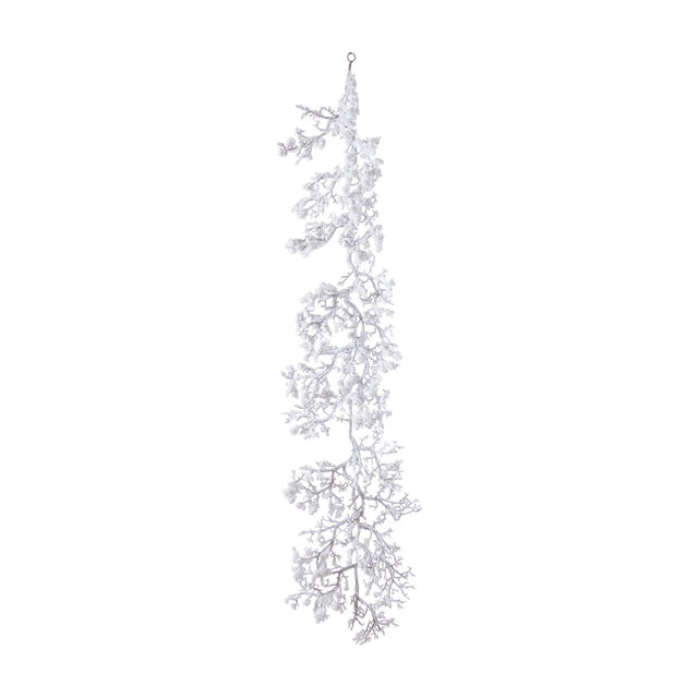 Hill Interiors Snowy Faux Garland, a long plastic evergreen sprig garland with frosted white tips, hanging vertically against a plain white background.