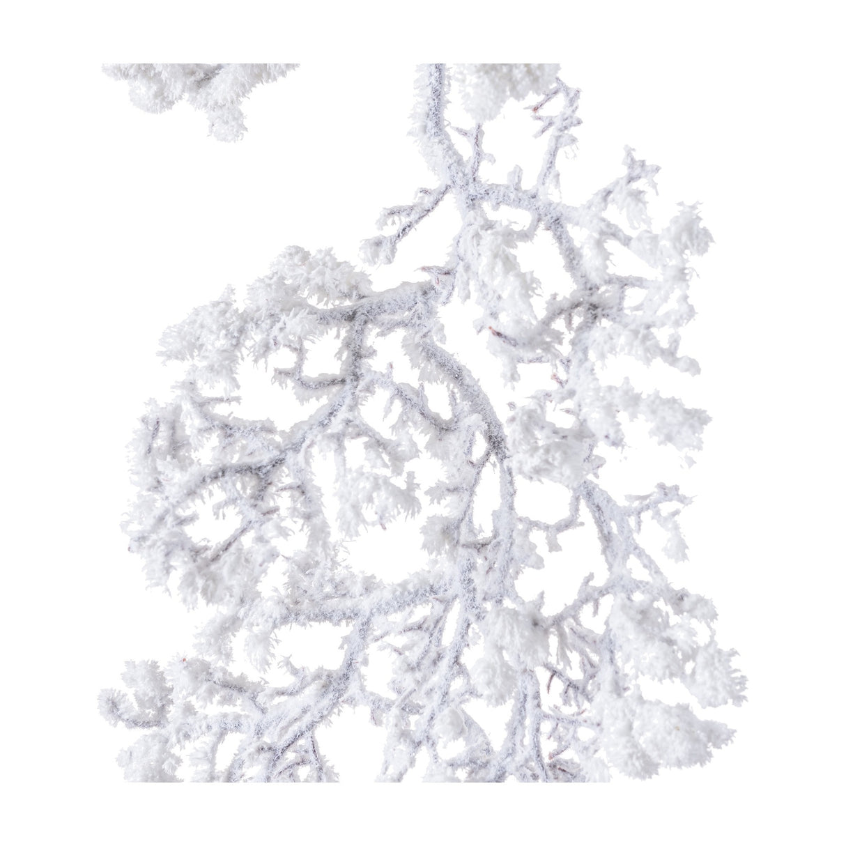 Close-up of Hill Interiors Snowy Faux Garland showing frosted plastic evergreen sprigs with a wintry white coating on a plain background.