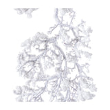 Close-up of Hill Interiors Snowy Faux Garland showing frosted plastic evergreen sprigs with a wintry white coating on a plain background.