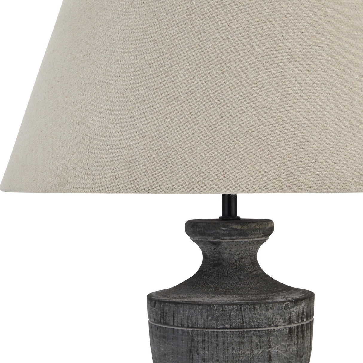 Close-up of the Hill Interiors Ondelle Urn Wooden Table Lamp in brown, showing the turned timber base with visible grain and a neutral tapered linen shade.