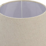 Close-up of the Hill Interiors Ondelle Urn Wooden Table Lamp's neutral linen drum shade, showing the woven fabric texture and pale interior lining.