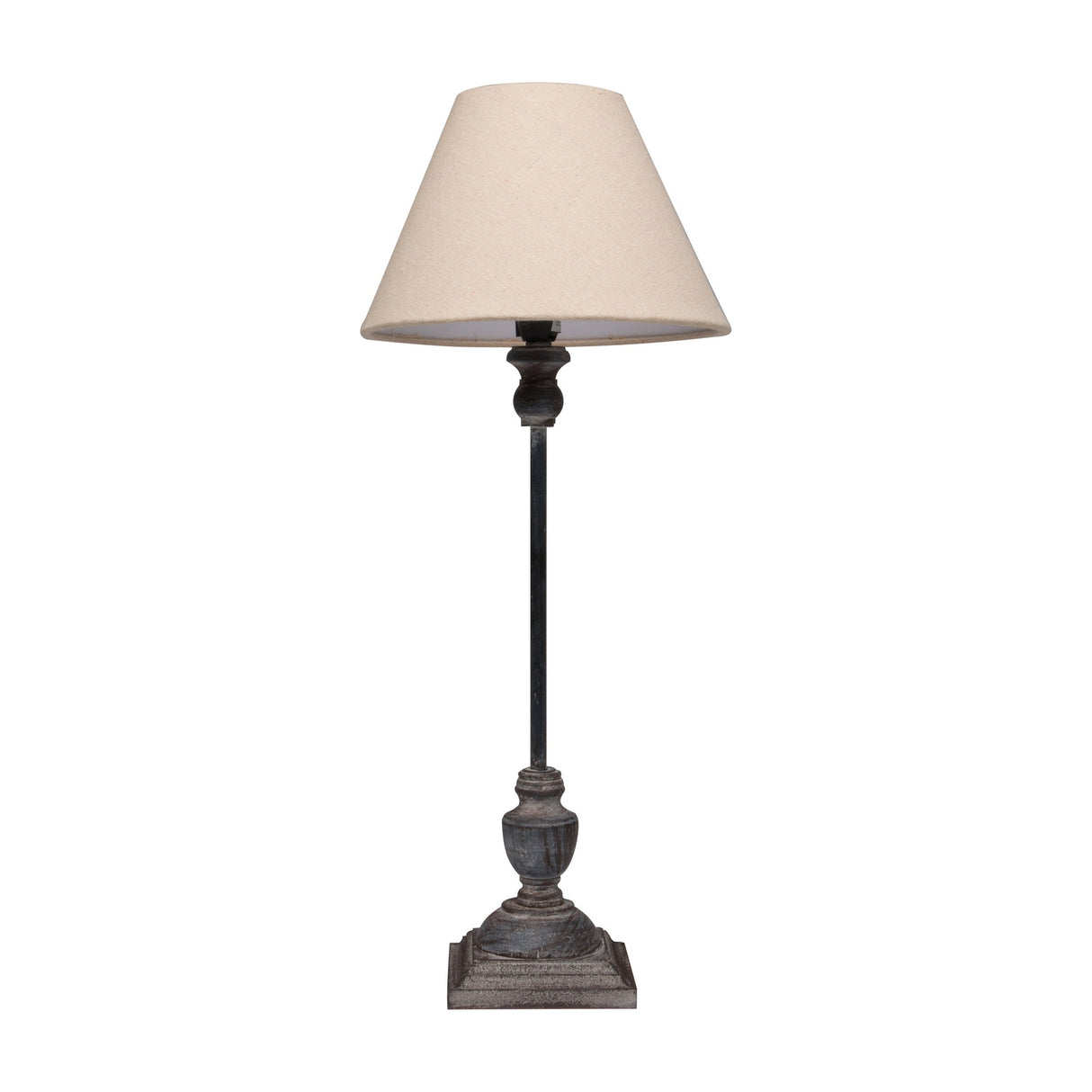 Hill Interiors Ondelle Stem Table Lamp in brown metal with a slender tapering stem, urn detail, square footed base and cream tapered shade.