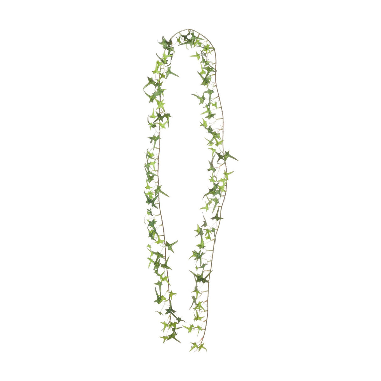 Hill Interiors Small Faux Ivy Garland in green, a long trailing plastic vine with pointed lobed leaves looped against a plain white background.