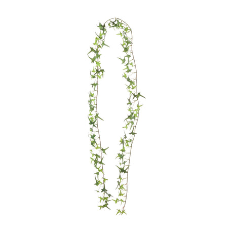 Hill Interiors Small Faux Ivy Garland in green, a long trailing plastic vine with pointed lobed leaves looped against a plain white background.