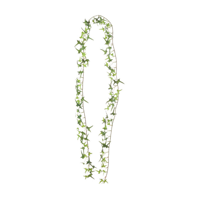 Hill Interiors Small Faux Ivy Garland in green, a long trailing plastic vine with pointed lobed leaves looped against a plain white background.