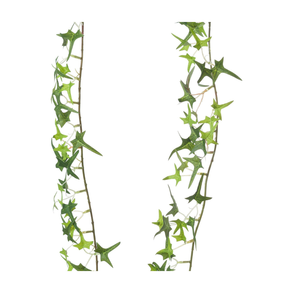 Hill Interiors Small Faux Ivy Garland in green, showing two trailing sections of pointed lobed plastic leaves on flexible stems against a white background.