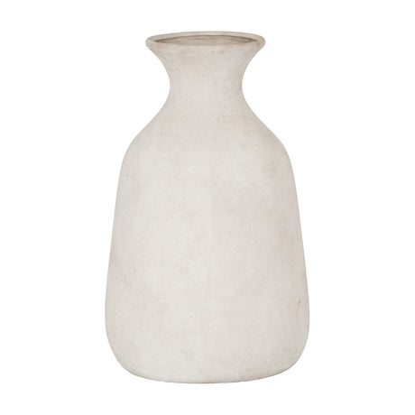 Hill Interiors Ople Stone beige ceramic vase with rounded tapered body, narrow flared neck and matte chalky finish, shown on a plain white background.