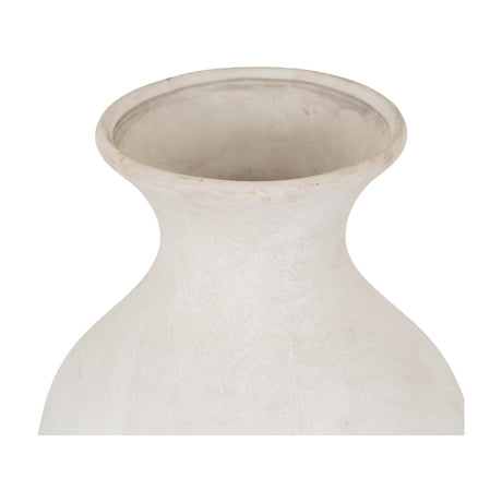 Close-up of the Hill Interiors Ople Stone Ceramic Vase in beige, showing its flared rim, tapered neck and rounded body with a matte, chalky finish.
