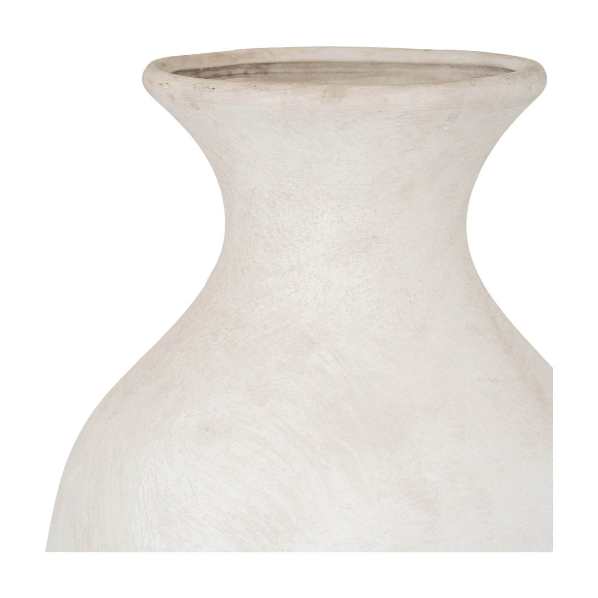 Close-up of the Hill Interiors Ople Stone Ceramic Vase in beige, showing its flared rim, tapered neck and rounded body with a matte, chalky finish.