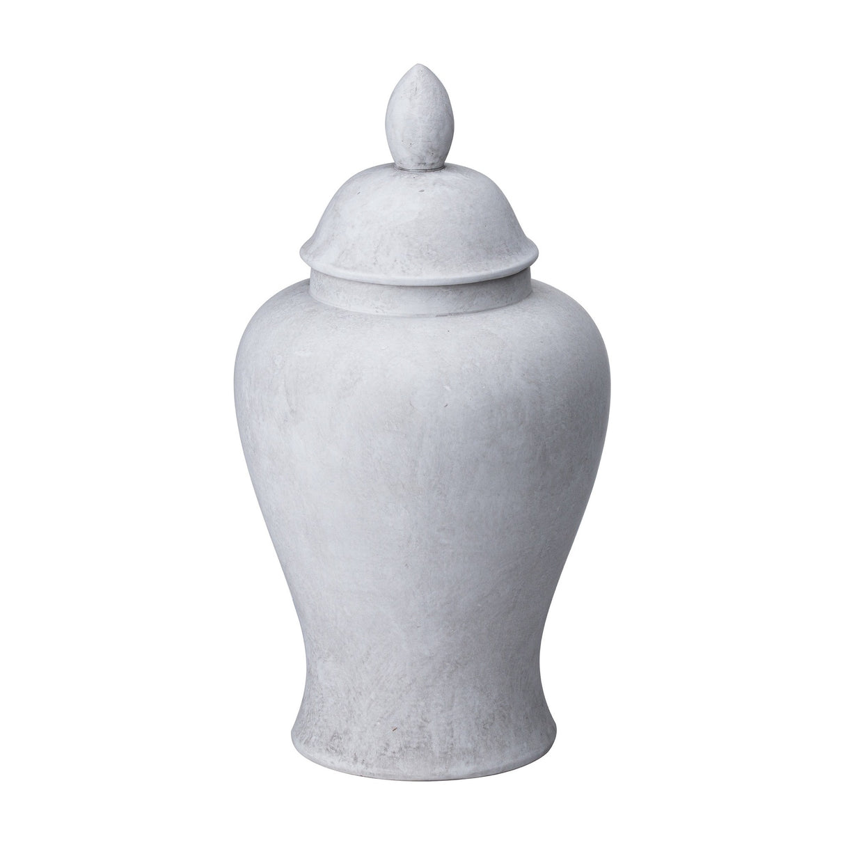 Hill Interiors Large Stone Ceramic Ginger Jar in beige with a rounded silhouette, domed lid and pointed finial, shown on a plain white background.