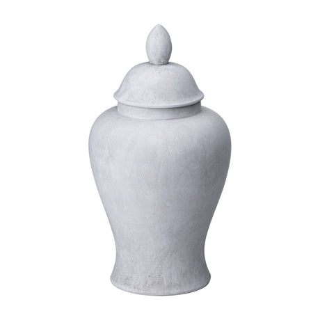 Hill Interiors Large Stone Ceramic Ginger Jar in beige with a rounded silhouette, domed lid and pointed finial, shown on a plain white background.