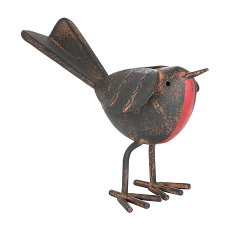 Hill Interiors Rocky the Robin metal ornament in brown with a red breast, upright tail and thin legs, shown on a plain white background.