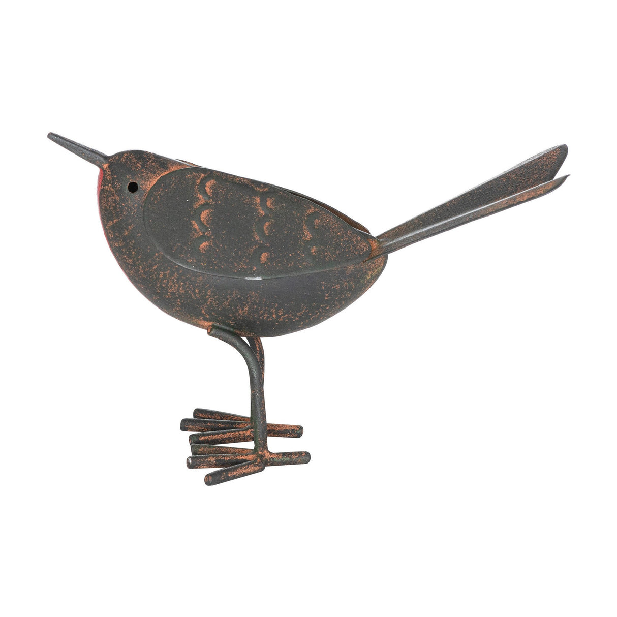 Hill Interiors Rocky the Robin metal ornament in a weathered brown finish, shown in side profile with wiry legs on a plain white background.