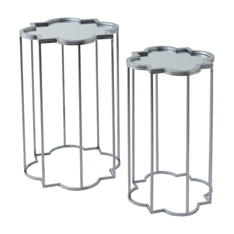 Hill Interiors Quatrefoil Mirrored Set of Two Side Tables in silver, with metal quatrefoil-shaped frames and mirrored tops, on a plain white background.