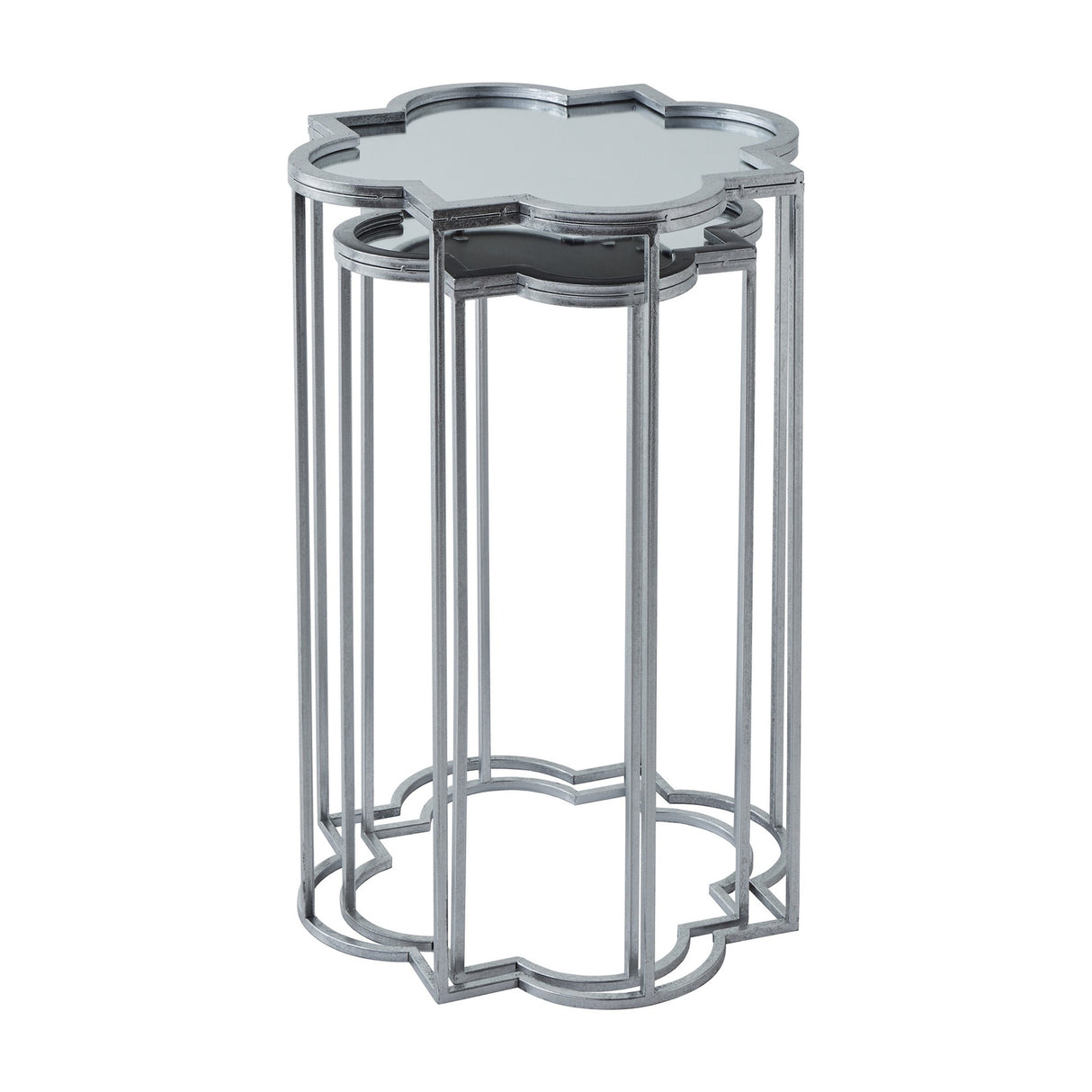 Hill Interiors Quatrefoil mirrored set of two nesting side tables in silver, with metal frames in a quatrefoil silhouette and mirrored tops.