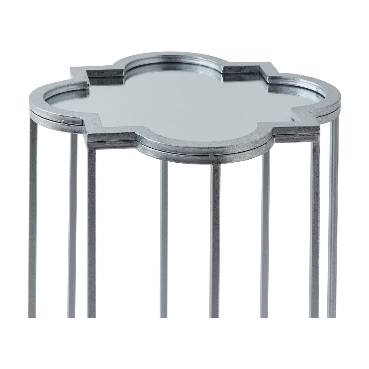 Hill Interiors Quatrefoil side table with mirrored top and silver metal frame in a quatrefoil silhouette, shown on a plain white background.
