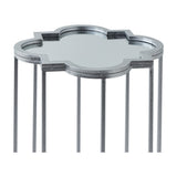 Hill Interiors Quatrefoil side table with mirrored top and silver metal frame in a quatrefoil silhouette, shown on a plain white background.