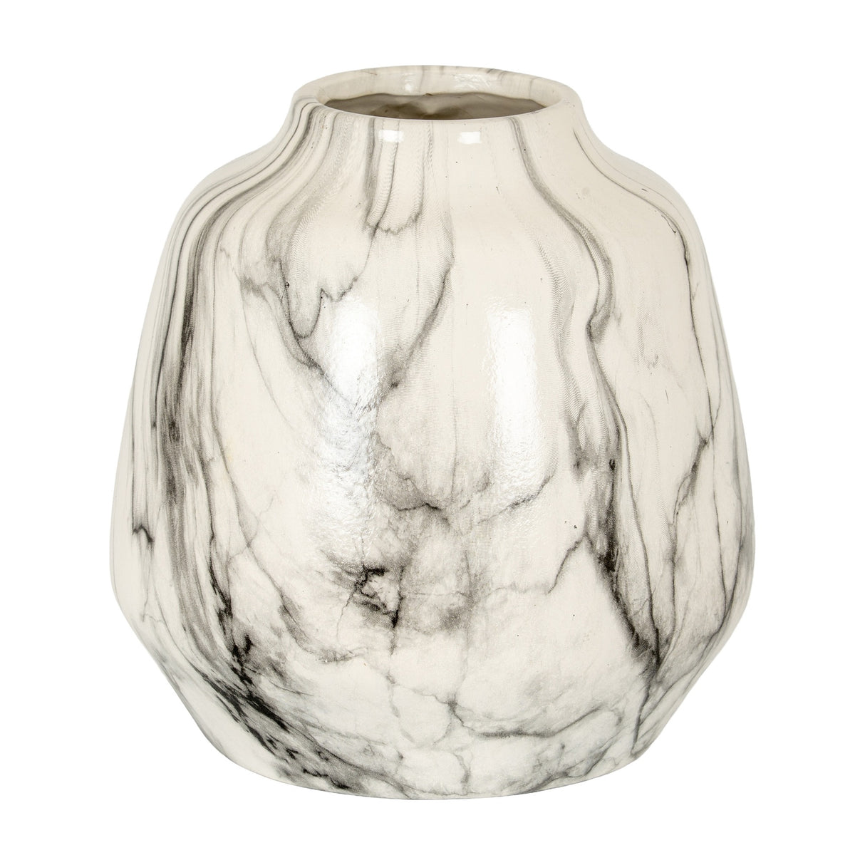 Hill Interiors Marble Effect Ceramic Olpe Vase in white with grey veining, rounded body and tapered neck, shown against a plain white background.