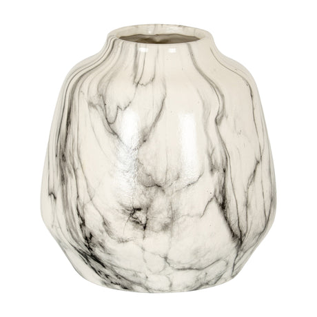 Hill Interiors Marble Effect Ceramic Olpe Vase in white with grey veining, rounded body and tapered neck, shown against a plain white background.