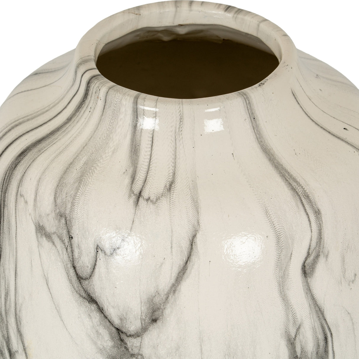 Close-up of Hill Interiors Marble Effect Ceramic Olpe Vase in white with soft grey veining, showing the rounded body and tapered neck opening.